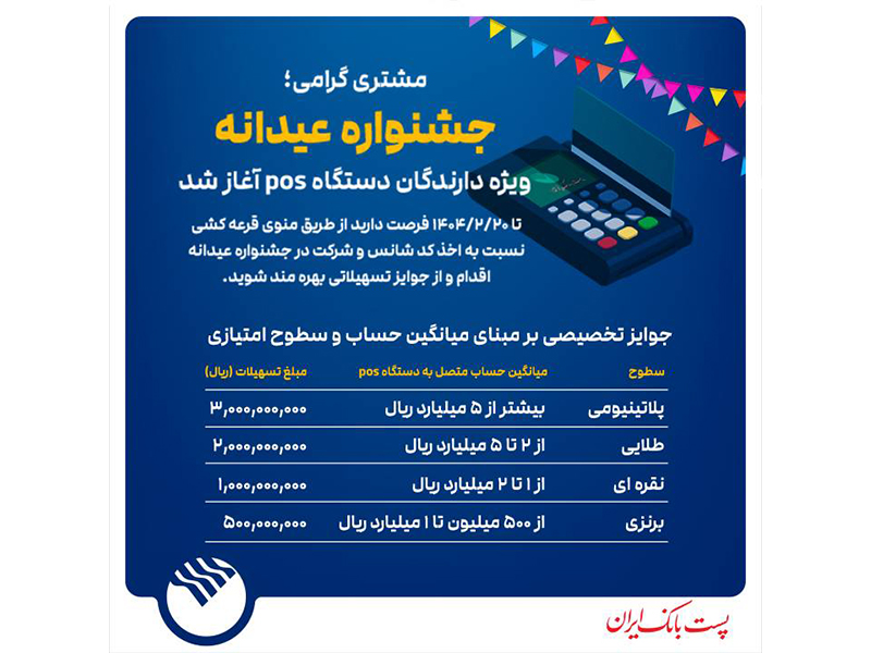 جشنواره عیدانه باشگاه مشتریان پست بانک ایران ویژه دارندگان دستگاه پوز با جوایز ویژه آغاز شد