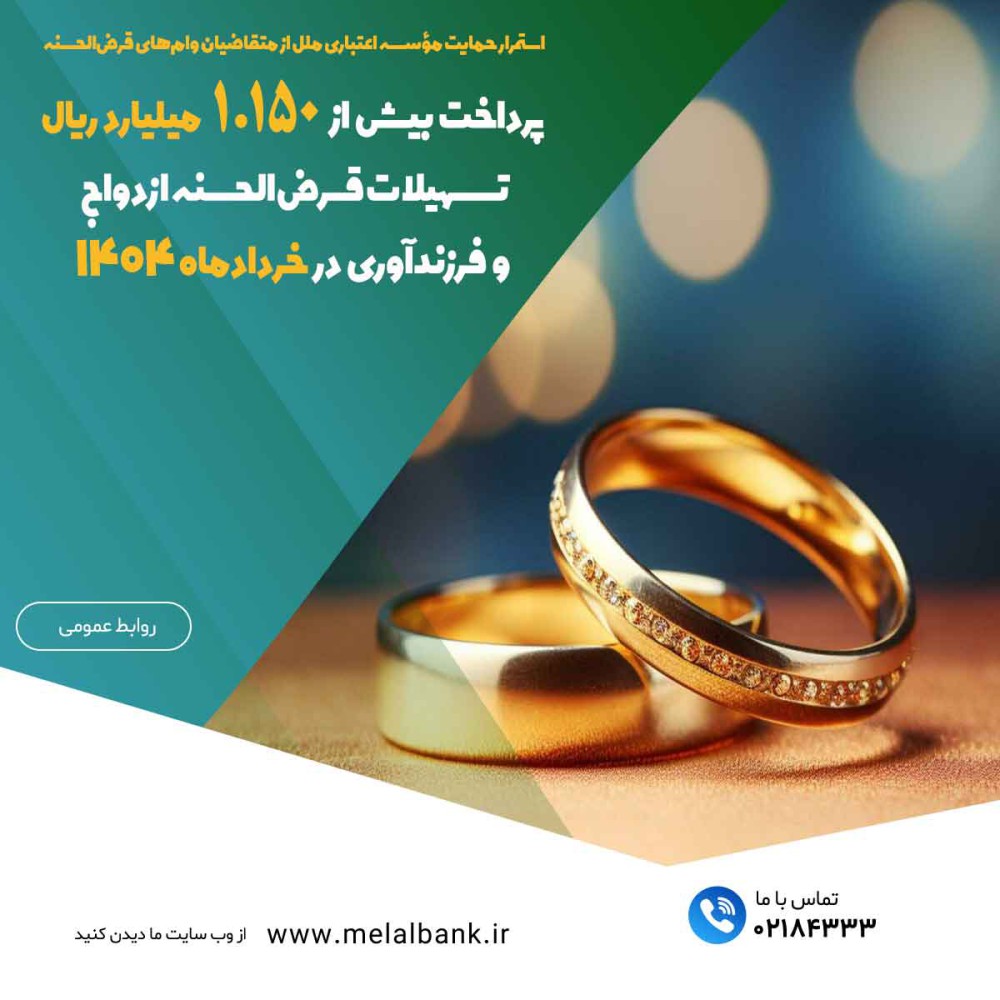 پرداخت بیش از ۱.۱۵۰ میلیارد ریال تسهیلات قرض‌الحسنه ازدواج و فرزندآوری در خردادماه ۱۴۰۴